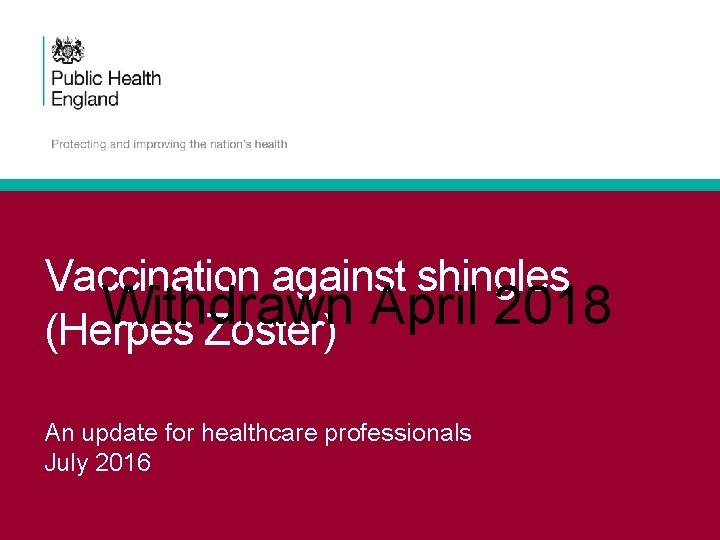 Vaccination against shingles Withdrawn April 2018 (Herpes Zoster) An update for healthcare professionals July