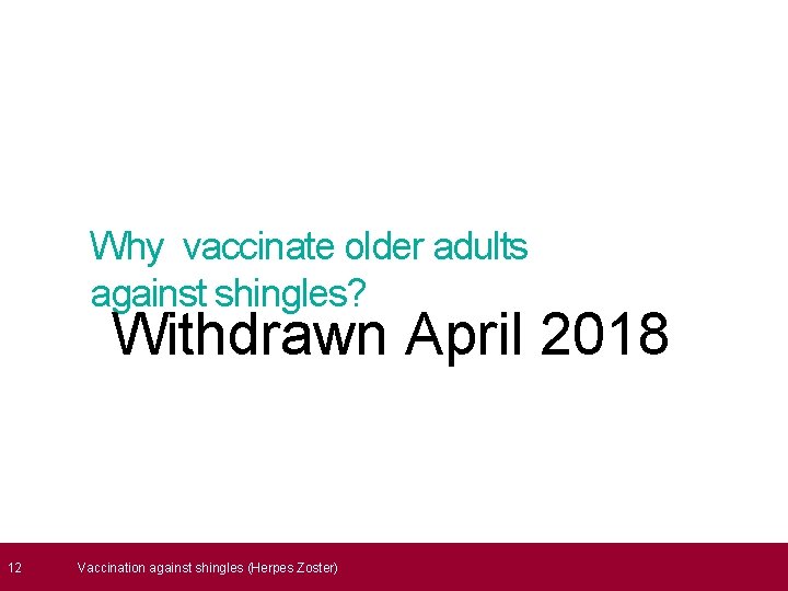  12 Why vaccinate older adults against shingles? Withdrawn April 2018 Vaccination against shingles