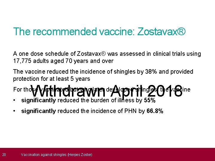  20 The recommended vaccine: Zostavax® A one dose schedule of Zostavax® was assessed