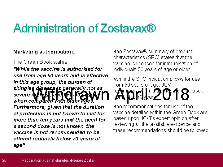  25 Administration of Zostavax® Marketing authorisation: The Green Book states: “While the vaccine