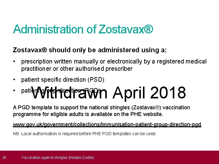  28 Administration of Zostavax® should only be administered using a: • prescription written
