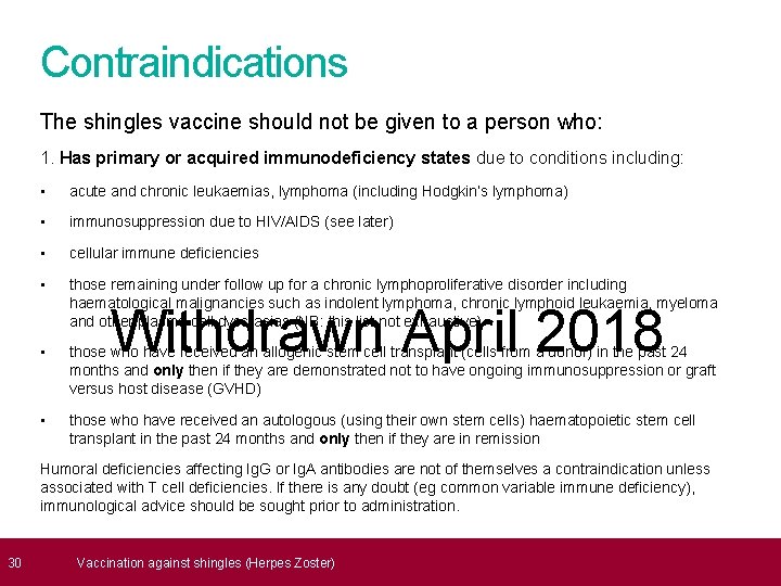  30 Contraindications The shingles vaccine should not be given to a person who: