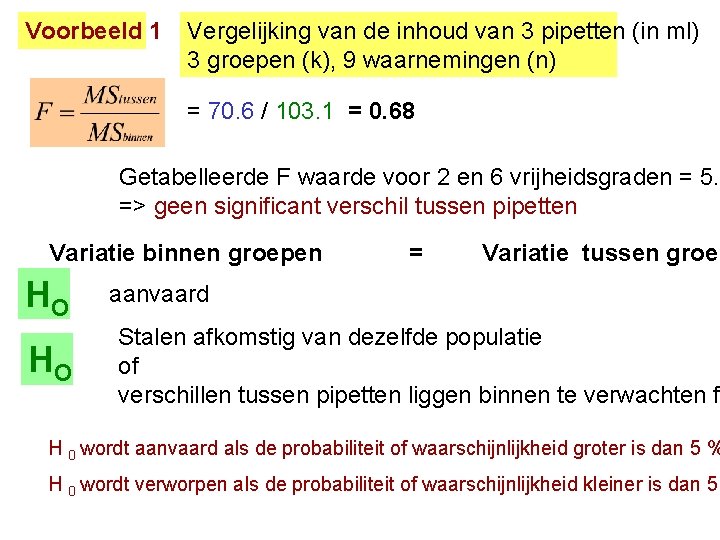 Voorbeeld 1 Vergelijking van de inhoud van 3 pipetten (in ml) 3 groepen (k), Voorbeeld 1 Vergelijking van de inhoud van 3 pipetten (in ml) 3 groepen (k),