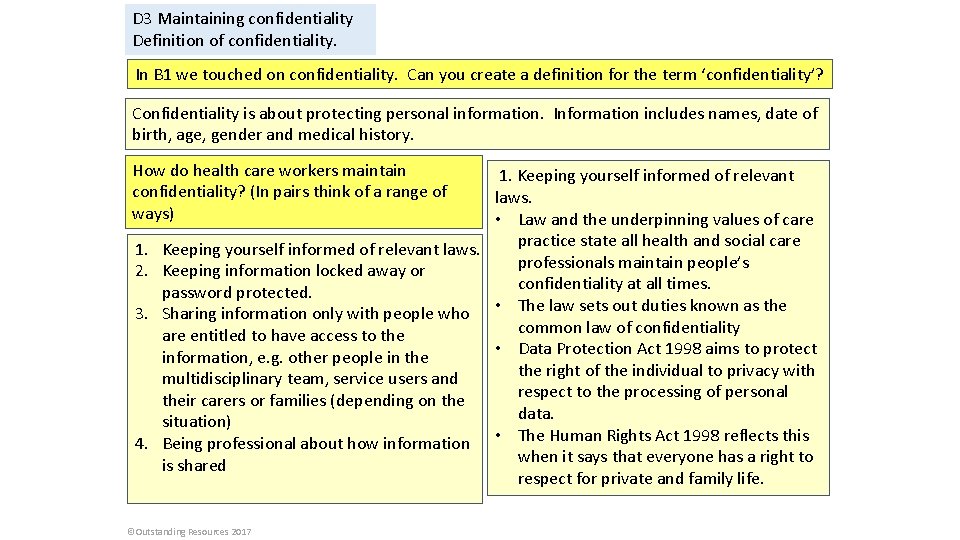 D 3 Maintaining confidentiality Definition of confidentiality. In B 1 we touched on confidentiality.