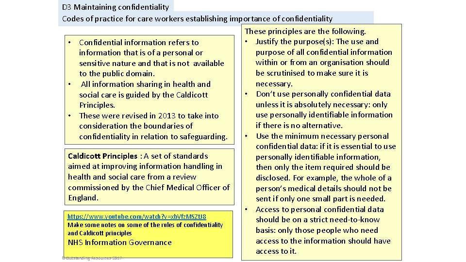 D 3 Maintaining confidentiality Codes of practice for care workers establishing importance of confidentiality