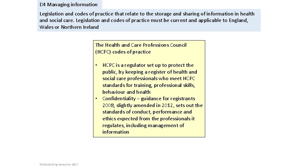 D 4 Managing information Legislation and codes of practice that relate to the storage