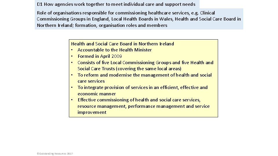 D 1 How agencies work together to meet individual care and support needs Role