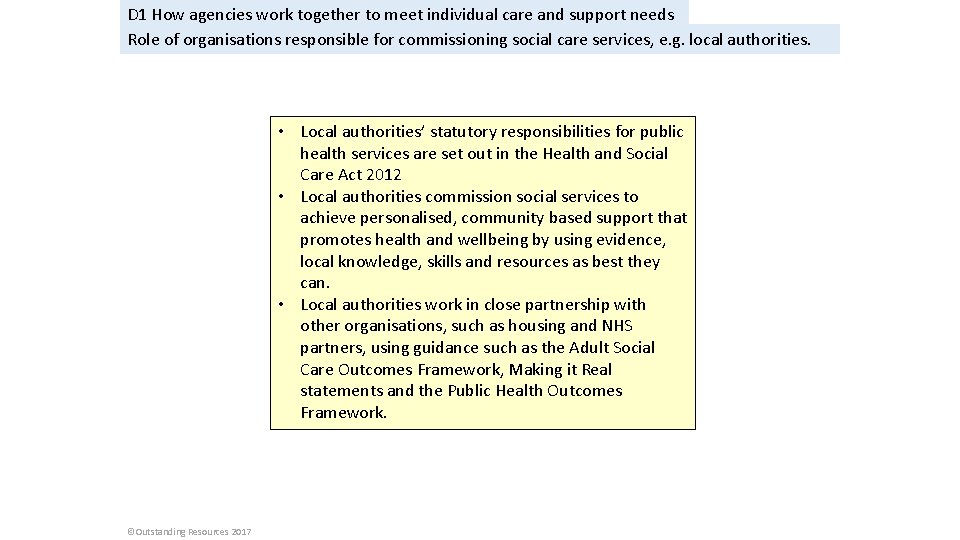 D 1 How agencies work together to meet individual care and support needs Role