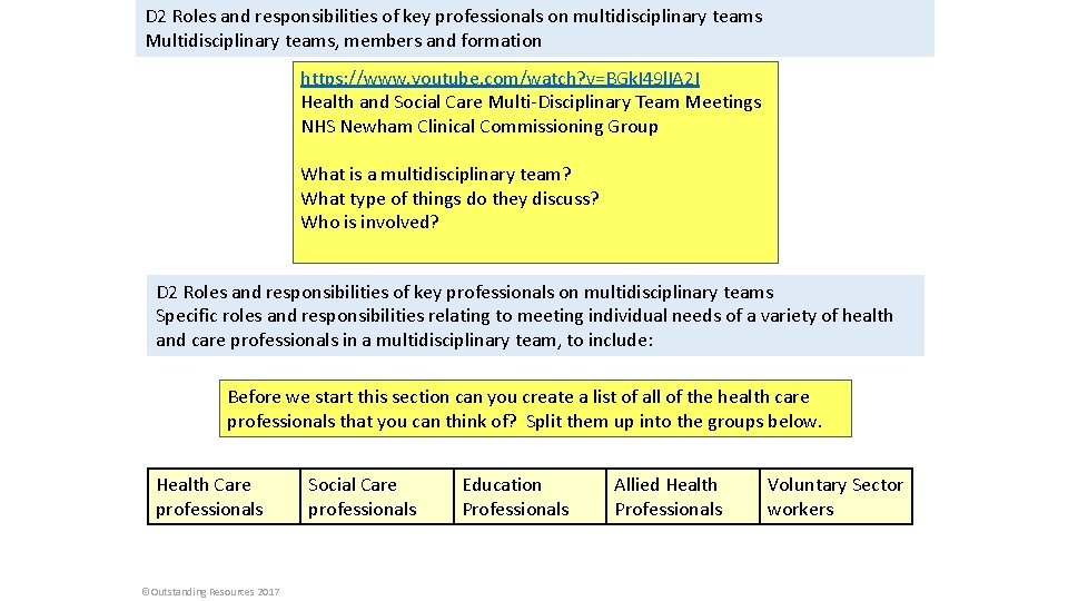 D 2 Roles and responsibilities of key professionals on multidisciplinary teams Multidisciplinary teams, members