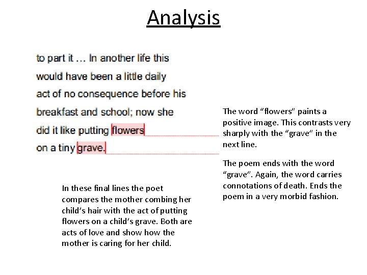 Analysis The word “flowers” paints a positive image. This contrasts very sharply with the
