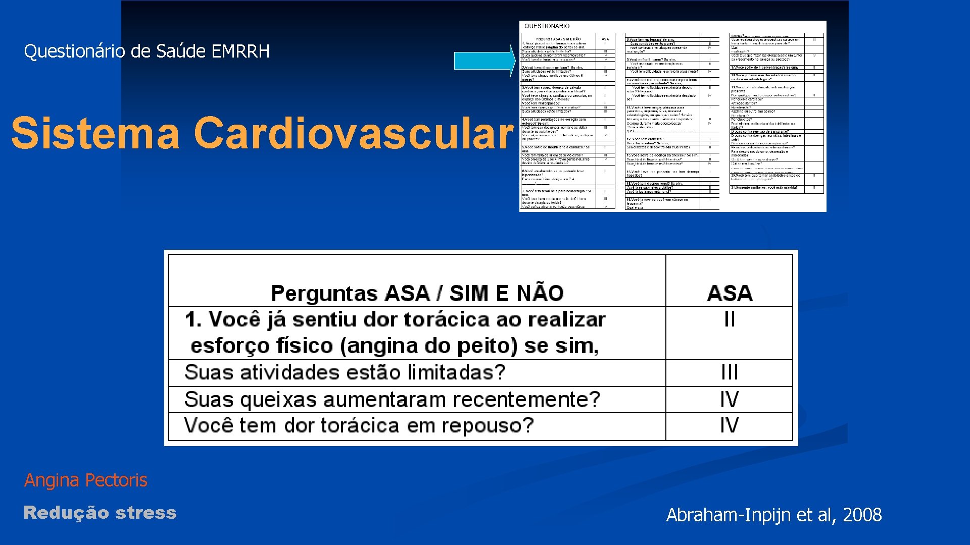 Questionário de Saúde EMRRH Sistema Cardiovascular Angina Pectoris Redução stress Abraham-Inpijn et al, 2008