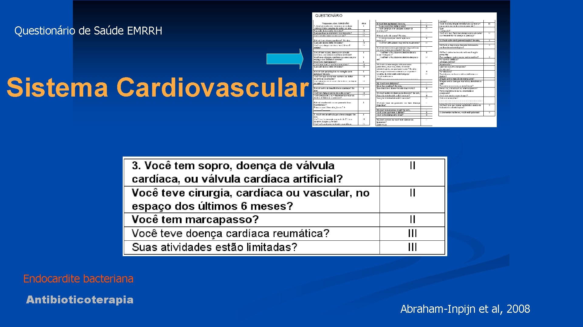 Questionário de Saúde EMRRH Sistema Cardiovascular Endocardite bacteriana Antibioticoterapia Abraham-Inpijn et al, 2008 