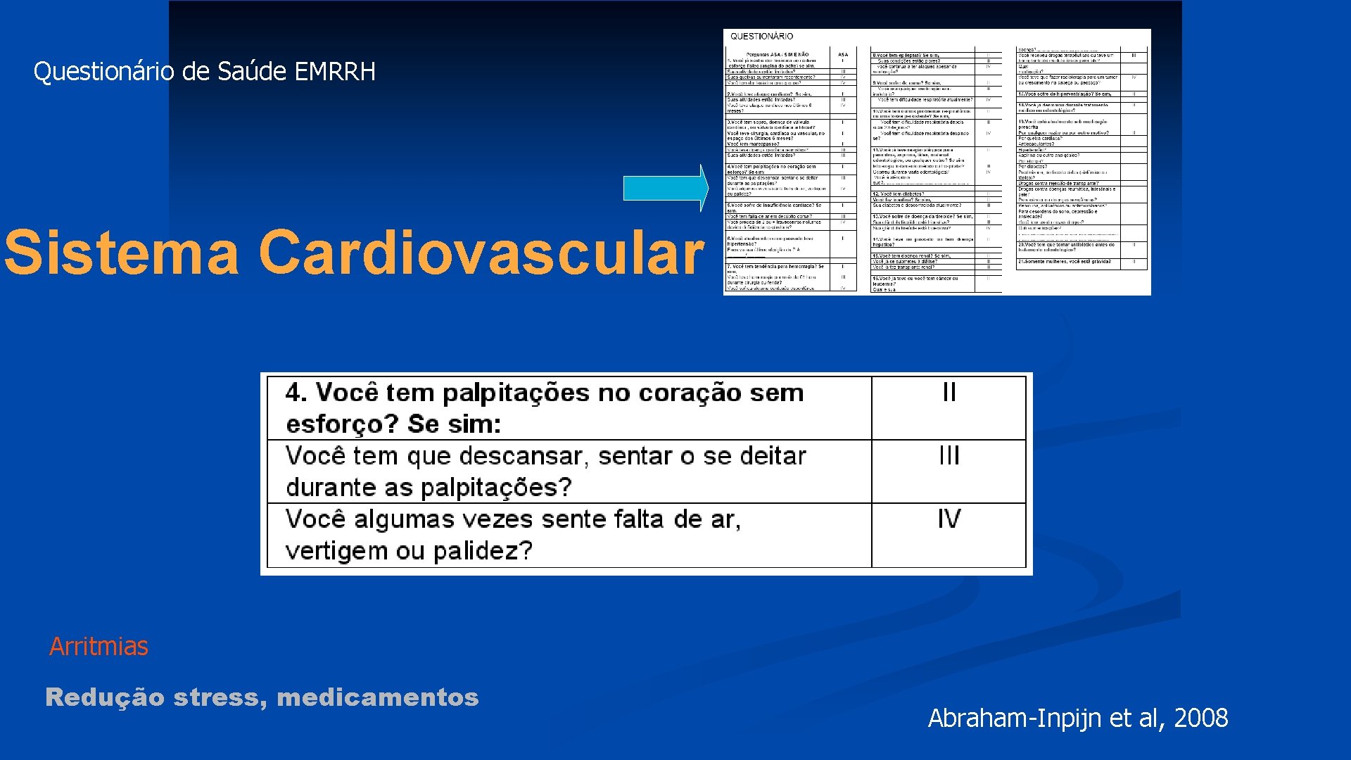 Questionário de Saúde EMRRH Sistema Cardiovascular Arritmias Redução stress, medicamentos Abraham-Inpijn et al, 2008