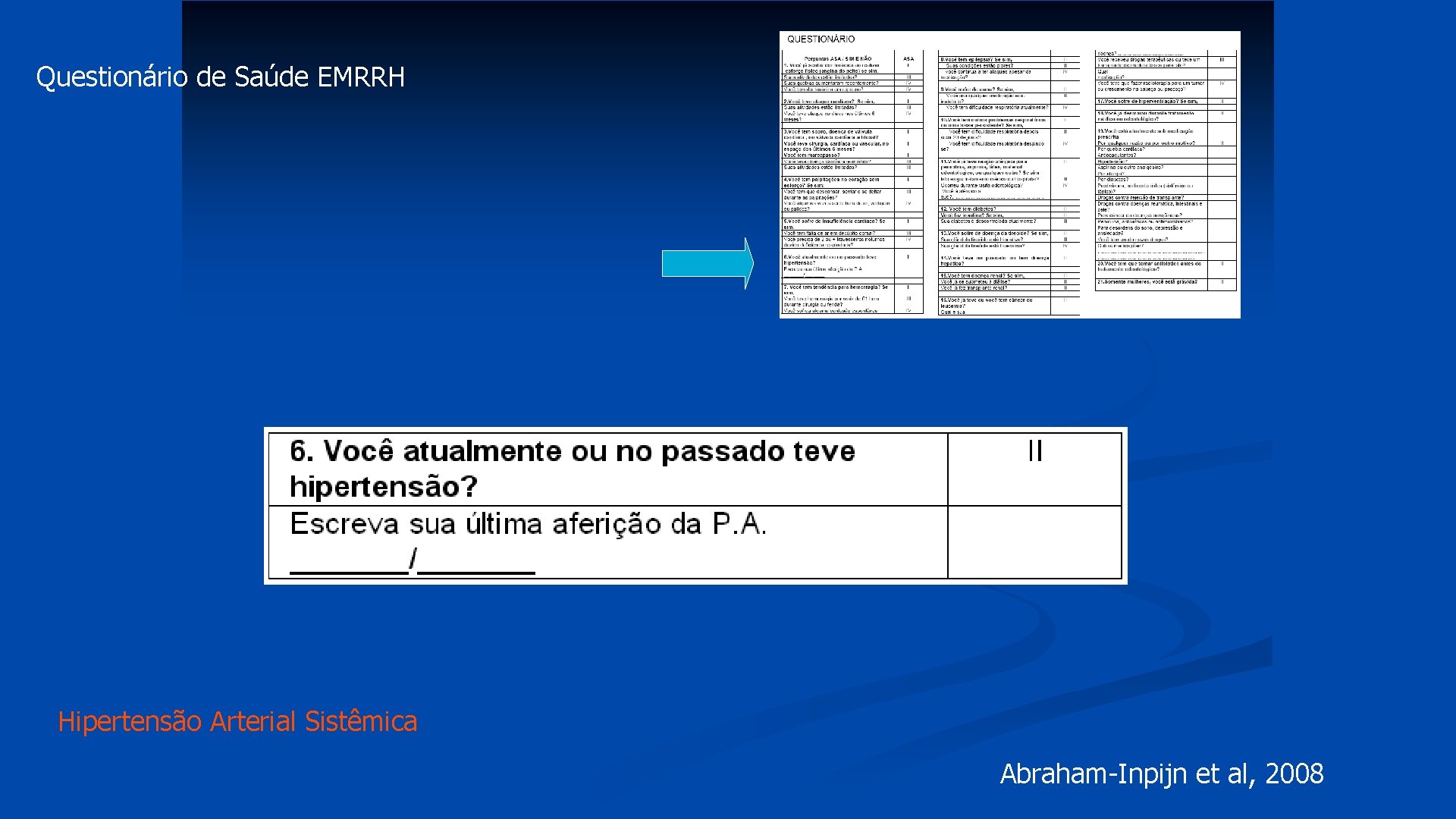 Questionário de Saúde EMRRH Hipertensão Arterial Sistêmica Abraham-Inpijn et al, 2008 