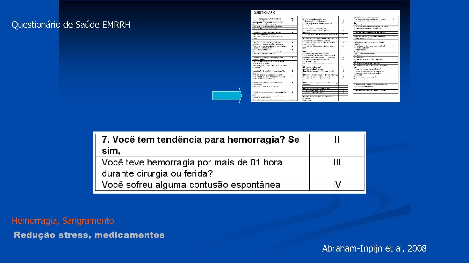 Questionário de Saúde EMRRH Hemorragia, Sangramento Redução stress, medicamentos Abraham-Inpijn et al, 2008 