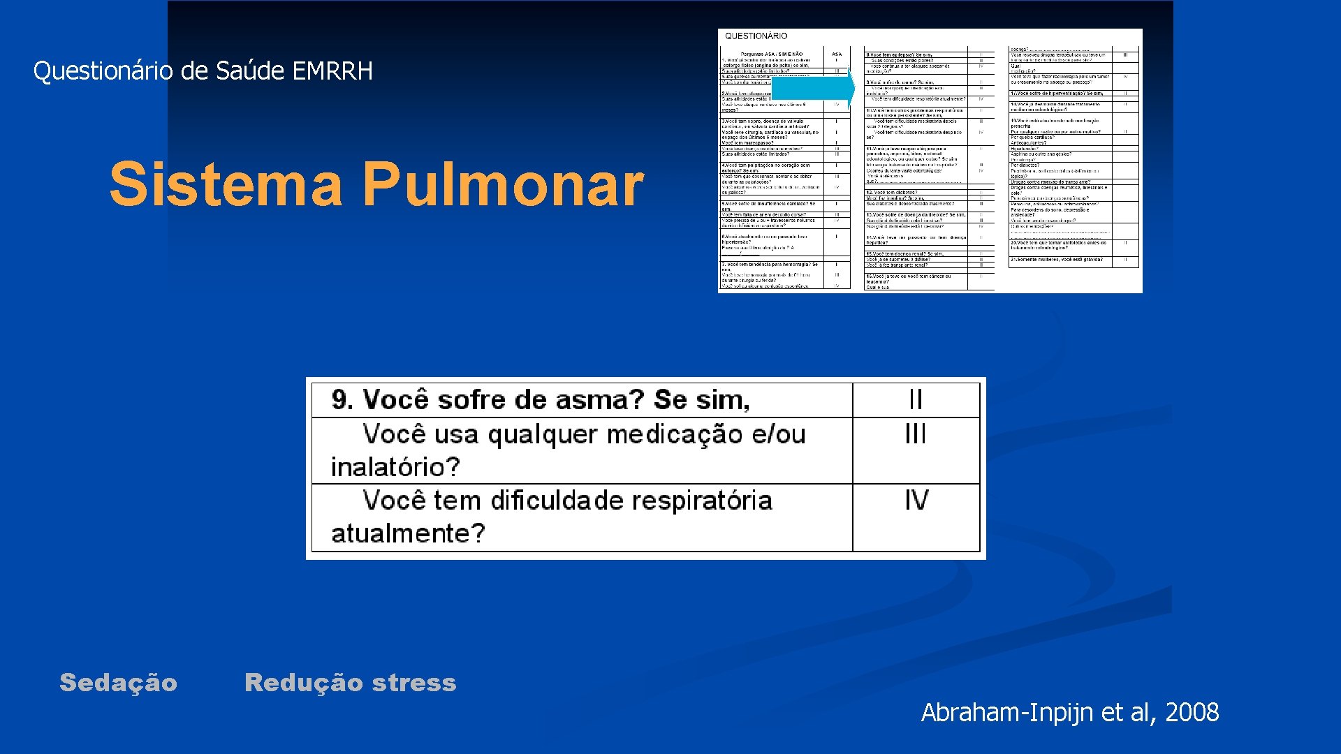 Questionário de Saúde EMRRH Sistema Pulmonar Sedação Redução stress Abraham-Inpijn et al, 2008 