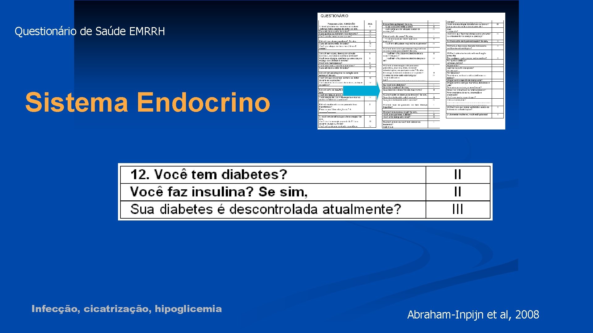 Questionário de Saúde EMRRH Sistema Endocrino Infecção, cicatrização, hipoglicemia Abraham-Inpijn et al, 2008 