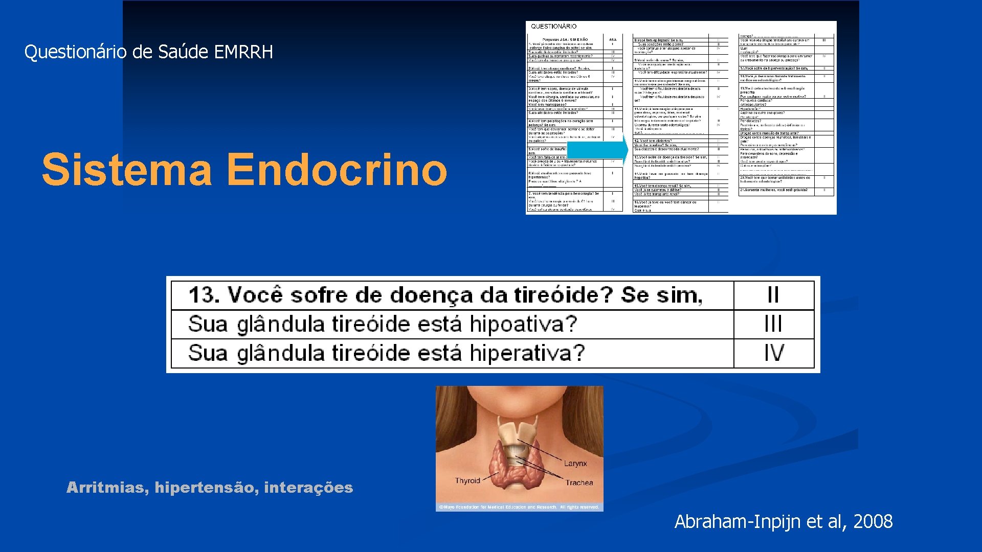 Questionário de Saúde EMRRH Sistema Endocrino Arritmias, hipertensão, interações Abraham-Inpijn et al, 2008 