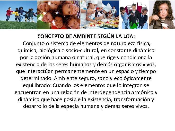 CONCEPTO DE AMBINTE SEGÚN LA LOA: Conjunto o sistema de elementos de naturaleza física, CONCEPTO DE AMBINTE SEGÚN LA LOA: Conjunto o sistema de elementos de naturaleza física,
