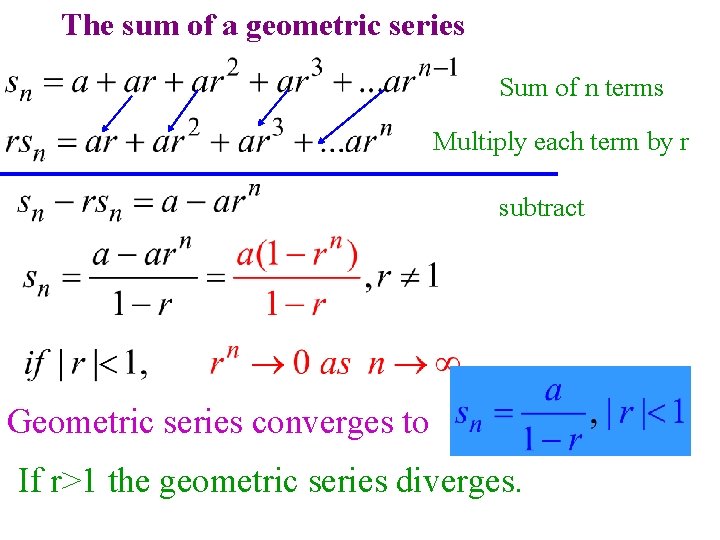 The sum of a geometric series Sum of n terms Multiply each term by The sum of a geometric series Sum of n terms Multiply each term by