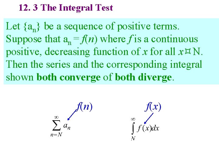 12. 3 The Integral Test Let {an} be a sequence of positive terms. Suppose 12. 3 The Integral Test Let {an} be a sequence of positive terms. Suppose