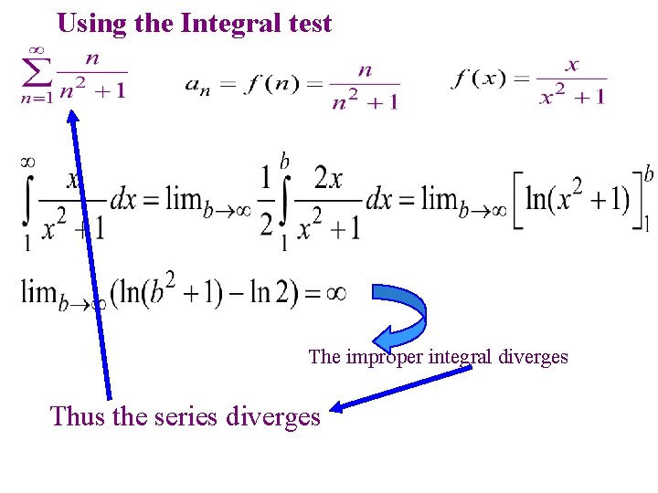 Using the Integral test The improper integral diverges Thus the series diverges Using the Integral test The improper integral diverges Thus the series diverges