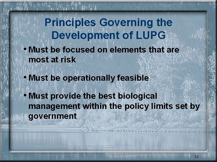 Principles Governing the Development of LUPG • Must be focused on elements that are