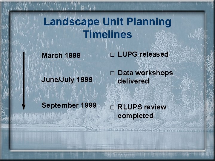 Landscape Unit Planning Timelines March 1999 June/July 1999 September 1999 � LUPG released �