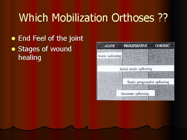 Which Mobilization Orthoses ? ? End Feel of the joint l Stages of wound
