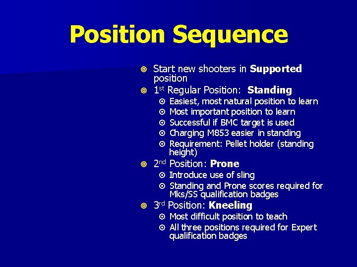 Position Sequence Start new shooters in Supported position 1 st Regular Position: Standing Easiest,