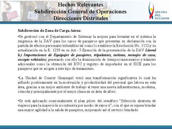 Hechos Relevantes Subdirección General de Operaciones Direcciones Distritales Subdirección de Zona de Carga Aérea: