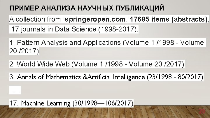 ПРИМЕР АНАЛИЗА НАУЧНЫХ ПУБЛИКАЦИЙ A collection from springeropen. com: 17685 items (abstracts), 17 journals