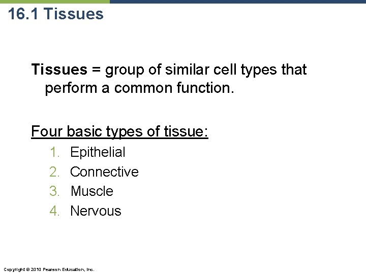 16. 1 Tissues = group of similar cell types that perform a common function.