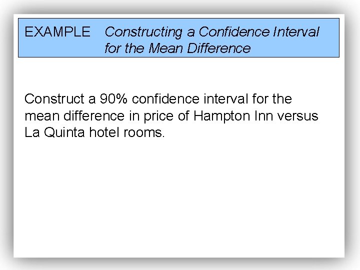 EXAMPLE Constructing a Confidence Interval for the Mean Difference Construct a 90% confidence interval
