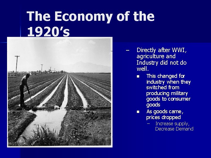 The Economy of the 1920’s – Directly after WWI, agriculture and Industry did not