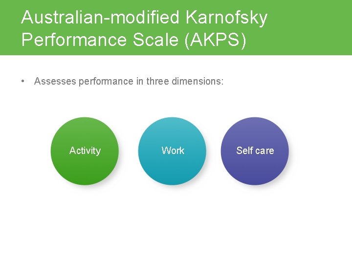 Australian-modified Karnofsky Performance Scale (AKPS) • Assesses performance in three dimensions: Activity Work Self