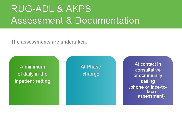 RUG-ADL & AKPS Assessment & Documentation The assessments are undertaken: A minimum of daily