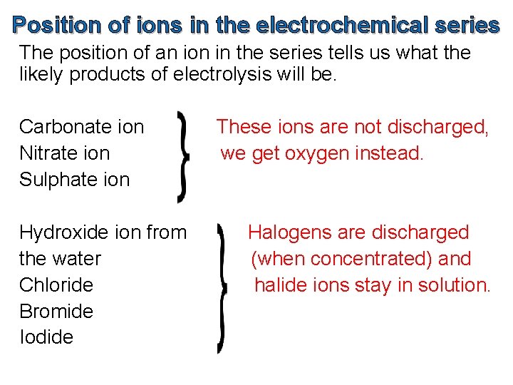 Position of ions in the electrochemical series The position of an ion in the