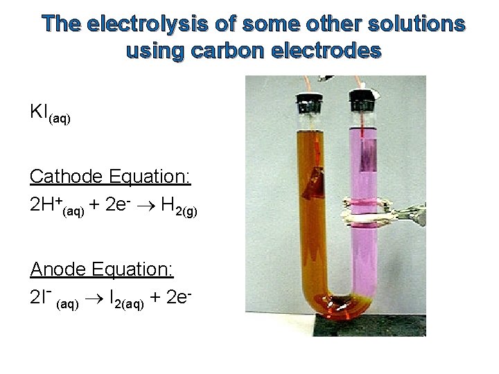 The electrolysis of some other solutions using carbon electrodes KI(aq) Cathode Equation: 2 H+(aq)