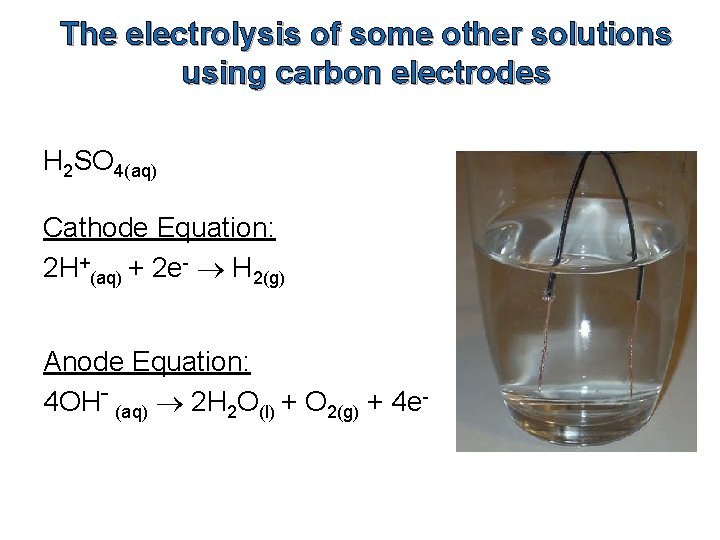 The electrolysis of some other solutions using carbon electrodes H 2 SO 4(aq) Cathode