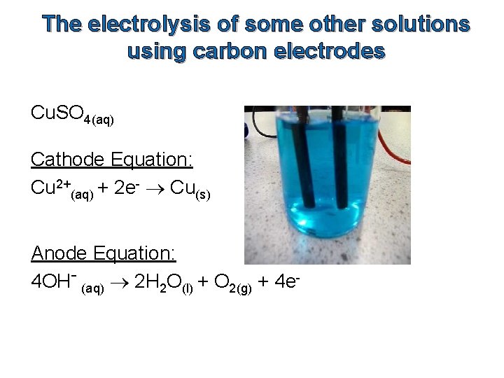 The electrolysis of some other solutions using carbon electrodes Cu. SO 4(aq) Cathode Equation: