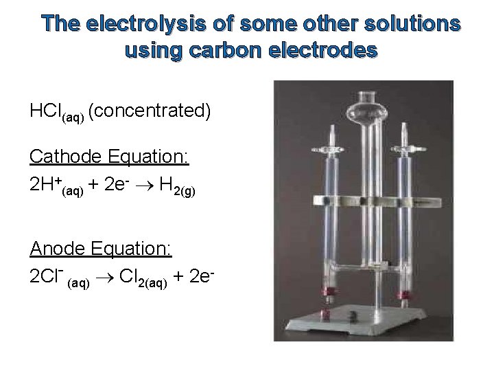 The electrolysis of some other solutions using carbon electrodes HCl(aq) (concentrated) Cathode Equation: 2