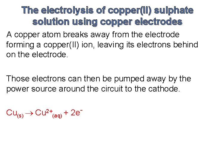 The electrolysis of copper(II) sulphate solution using copper electrodes A copper atom breaks away