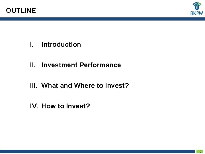 OUTLINE I. Introduction II. Investment Performance III. What and Where to Invest? IV. How