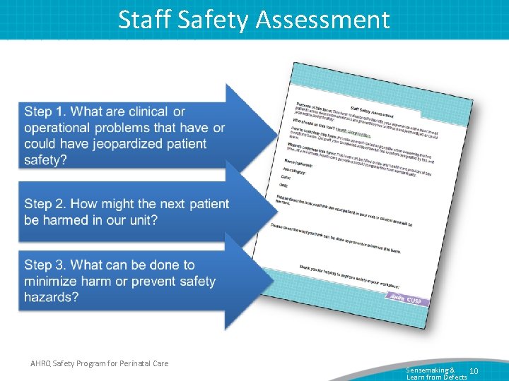 Staff Safety Assessment AHRQ Safety Program for Perinatal Care Sensemaking & 10 Learn from