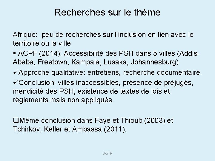 Recherches sur le thème Afrique: peu de recherches sur l’inclusion en lien avec le