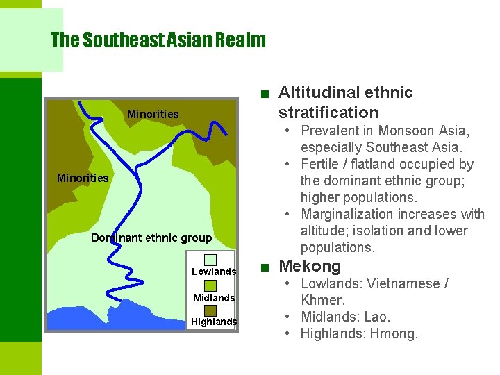 The Southeast Asian Realm ■ Altitudinal ethnic stratification Minorities Dominant ethnic group Lowlands Midlands