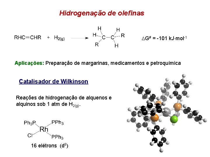 Hidrogenação de olefinas G# = -101 k. J mol-1 Aplicações: Preparação de margarinas, medicamentos