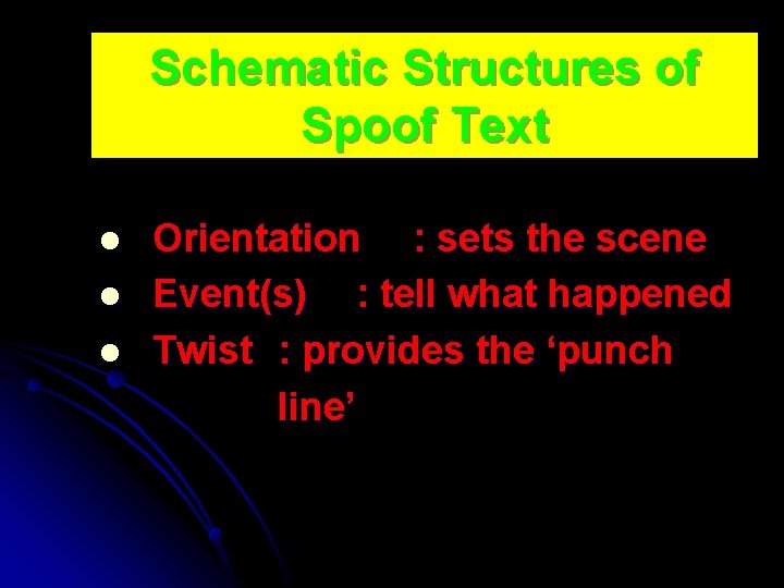 Schematic Structures of Spoof Text l l l Orientation : sets the scene Event(s)