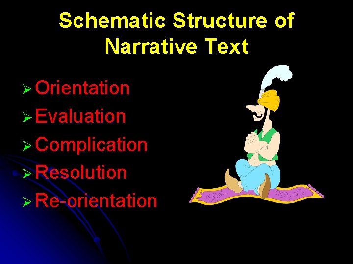 Schematic Structure of Narrative Text Ø Orientation Ø Evaluation Ø Complication Ø Resolution Ø